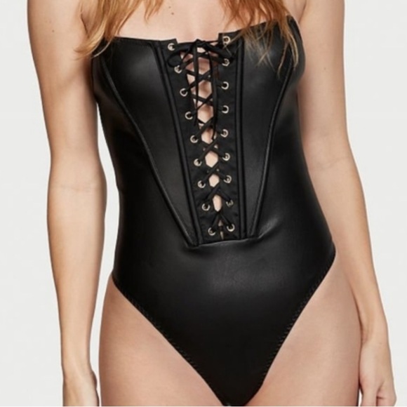 Victoria's Secret Other - Victoria's Secret black love letters faux leather Black Lace Corset Bodysuit - M